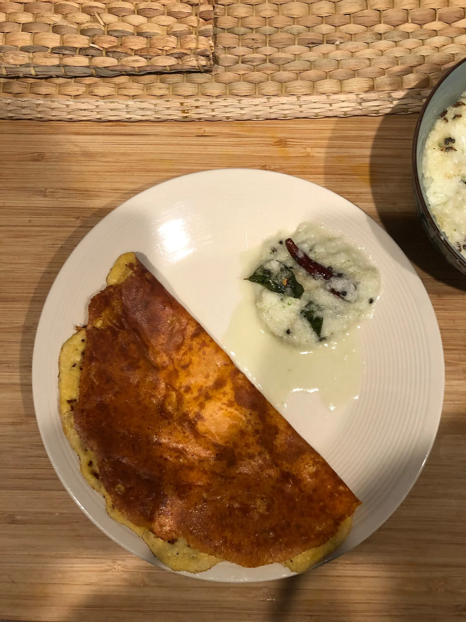 Dosa made with almond flour, cheddar cheese, salt. Coconut chutney on the side.