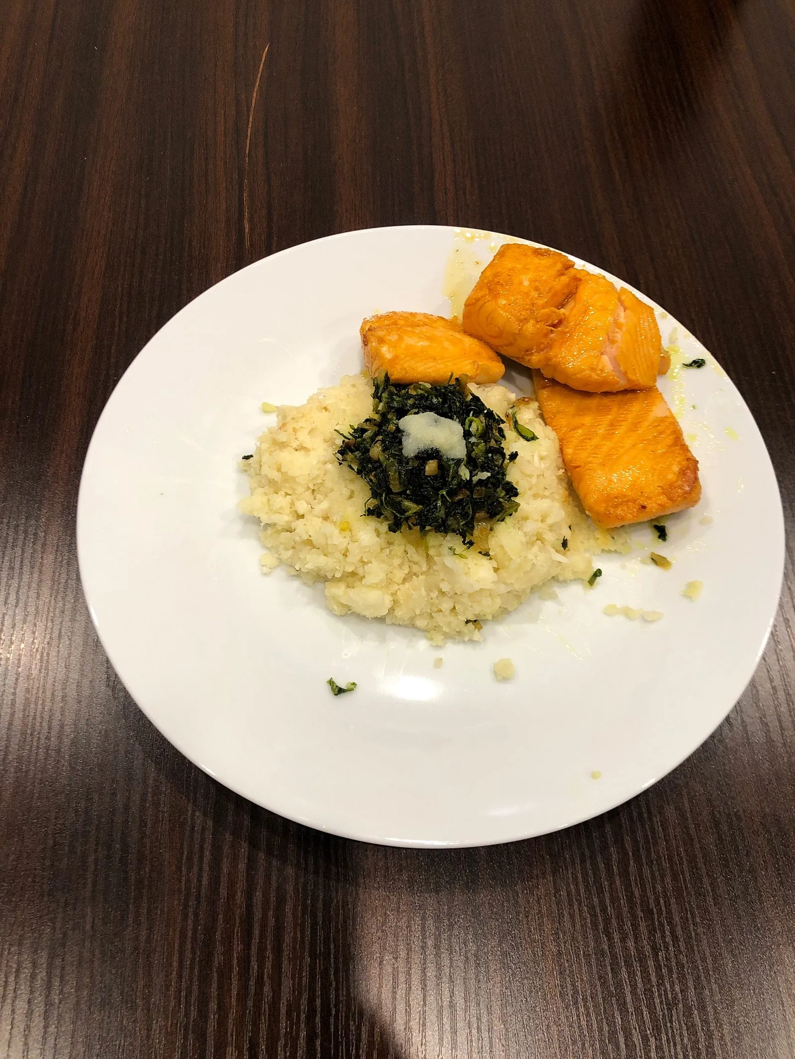 Cauliflower rice, Methi with Ghee and Salmon fry with Indian spices.