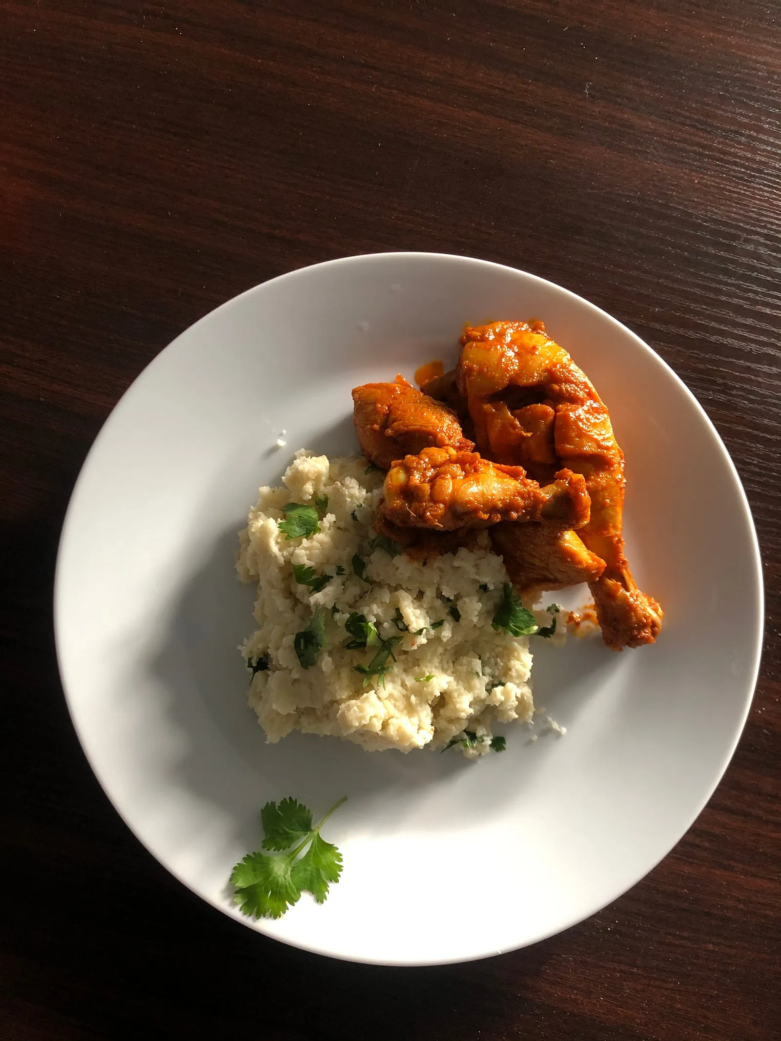 Butter chicken curry, Cauliflower rice.